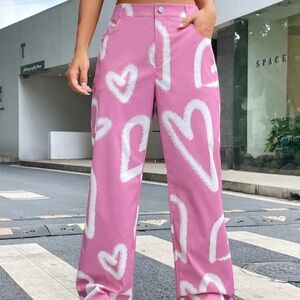 SOLD SHEIN EZwear Pink with White Heart Print Wide Leg Pants size XS